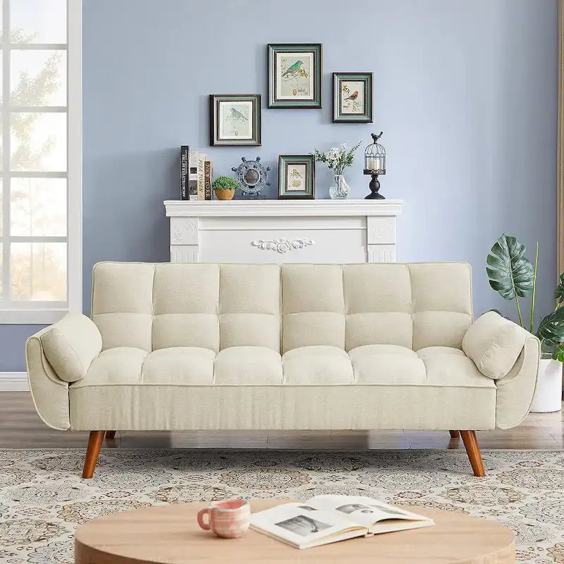 Samt-Futonbettsofa mit verstellbarer Rückenlehne, umwandelbares Futon-Loveseat mit konischen Holzbeinen für Wohnzimmer und Schlafzimmer