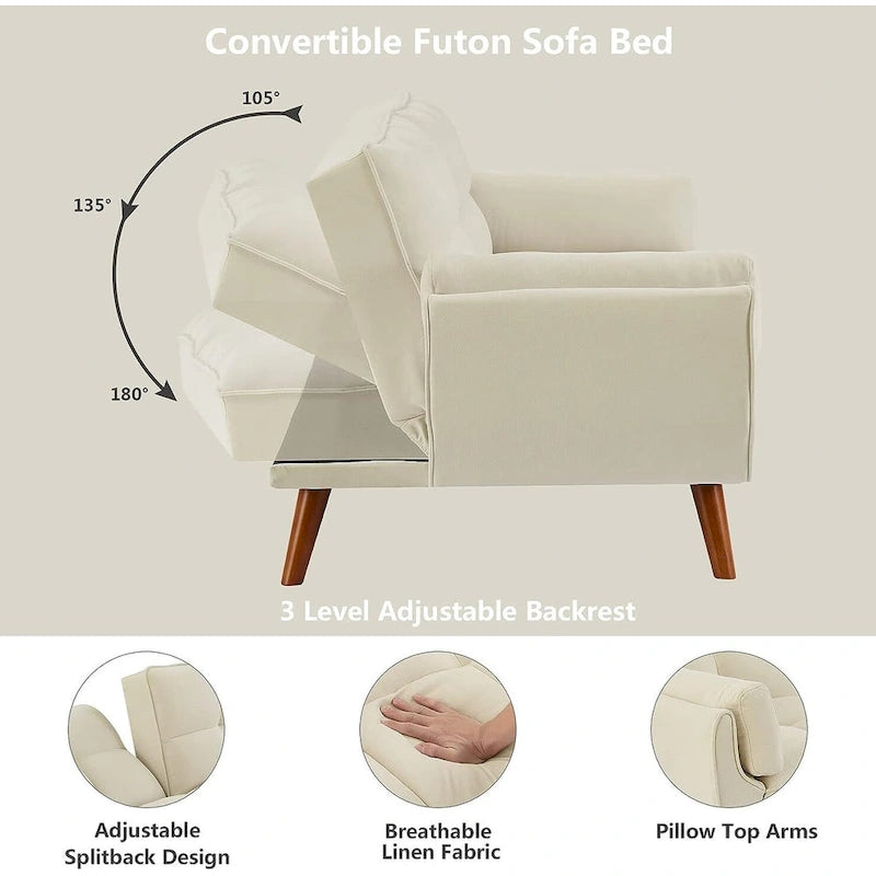 Samt-Futonbettsofa mit verstellbarer Rückenlehne, umwandelbares Futon-Loveseat mit konischen Holzbeinen für Wohnzimmer und Schlafzimmer
