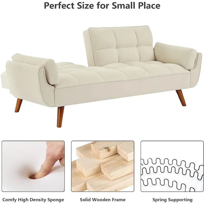 Samt-Futonbettsofa mit verstellbarer Rückenlehne, umwandelbares Futon-Loveseat mit konischen Holzbeinen für Wohnzimmer und Schlafzimmer