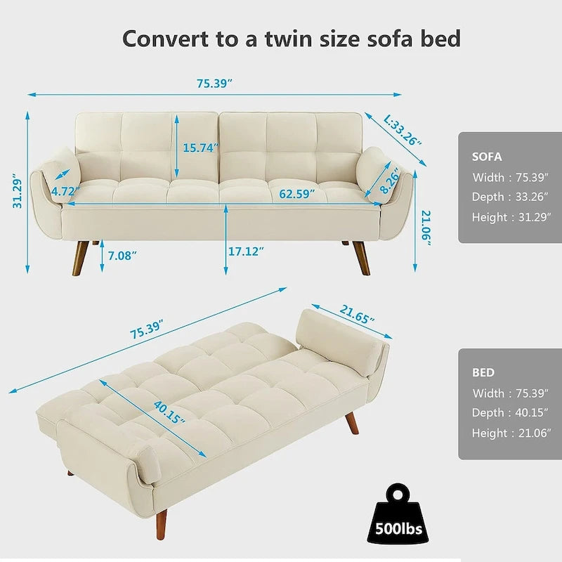 Samt-Futonbettsofa mit verstellbarer Rückenlehne, umwandelbares Futon-Loveseat mit konischen Holzbeinen für Wohnzimmer und Schlafzimmer