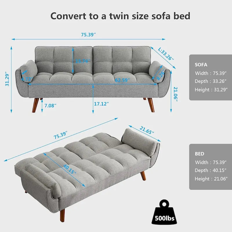 Samt-Futonbettsofa mit verstellbarer Rückenlehne, umwandelbares Futon-Loveseat mit konischen Holzbeinen für Wohnzimmer und Schlafzimmer