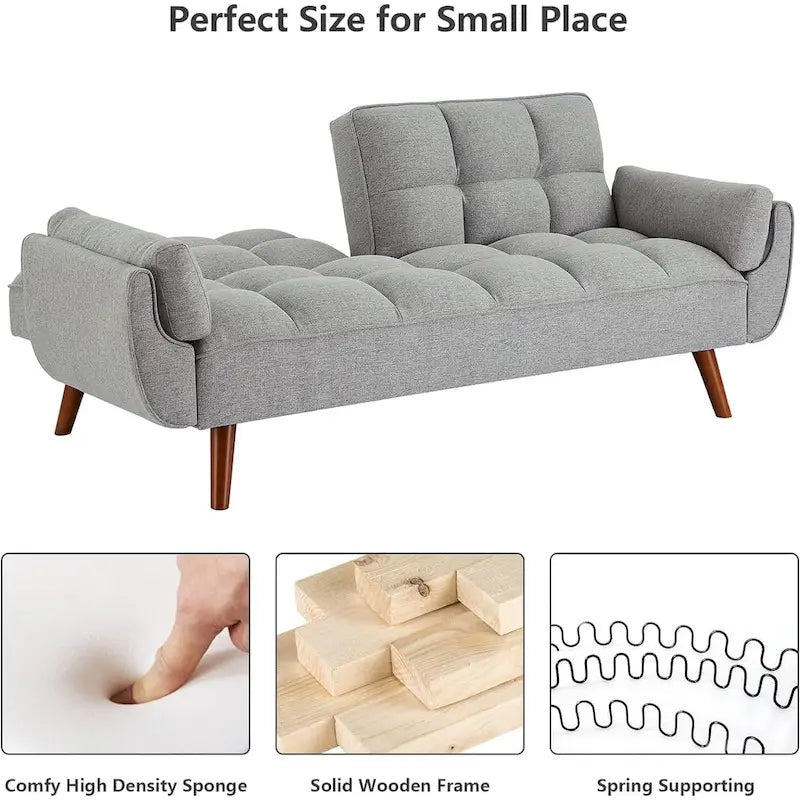 Samt-Futonbettsofa mit verstellbarer Rückenlehne, umwandelbares Futon-Loveseat mit konischen Holzbeinen für Wohnzimmer und Schlafzimmer