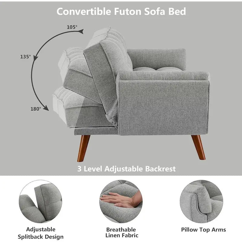 Samt-Futonbettsofa mit verstellbarer Rückenlehne, umwandelbares Futon-Loveseat mit konischen Holzbeinen für Wohnzimmer und Schlafzimmer