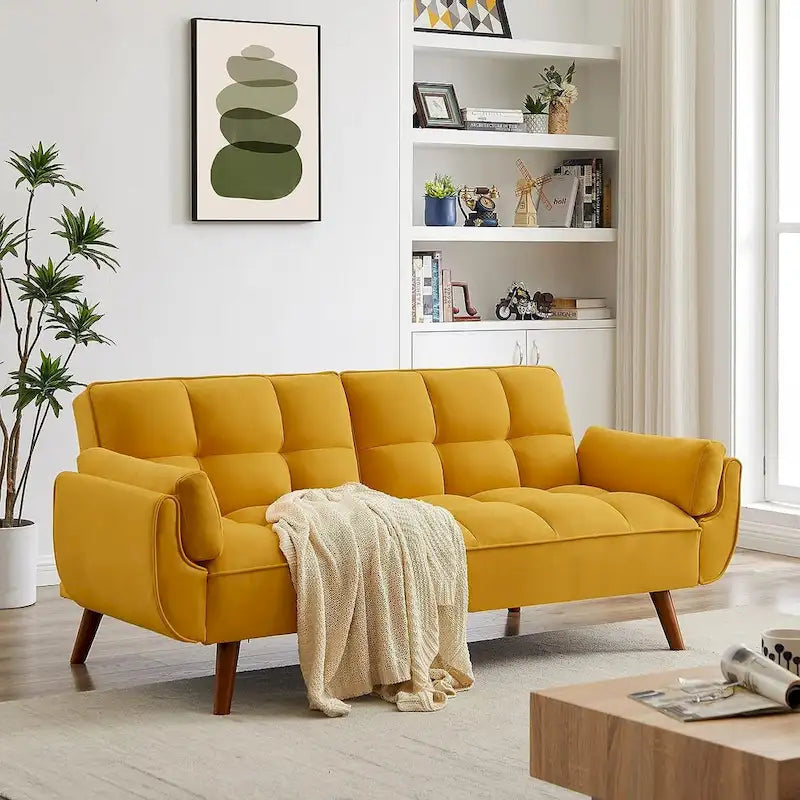 Samt-Futonbettsofa mit verstellbarer Rückenlehne, umwandelbares Futon-Loveseat mit konischen Holzbeinen für Wohnzimmer und Schlafzimmer