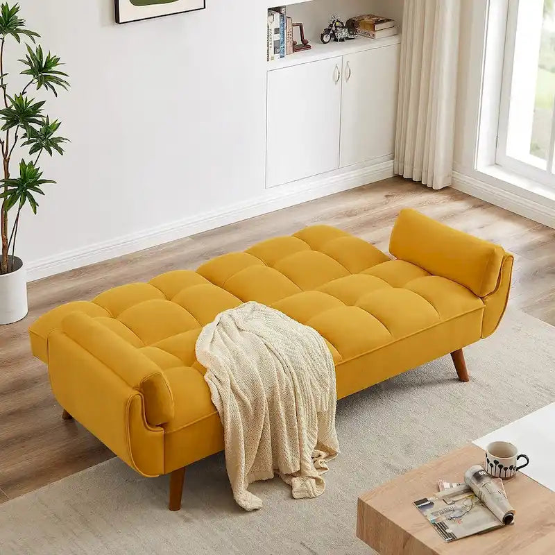 Samt-Futonbettsofa mit verstellbarer Rückenlehne, umwandelbares Futon-Loveseat mit konischen Holzbeinen für Wohnzimmer und Schlafzimmer