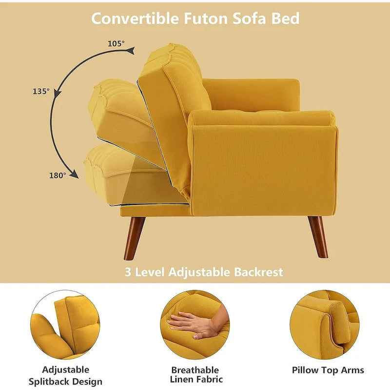 Samt-Futonbettsofa mit verstellbarer Rückenlehne, umwandelbares Futon-Loveseat mit konischen Holzbeinen für Wohnzimmer und Schlafzimmer