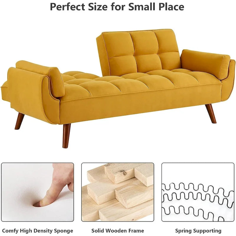 Samt-Futonbettsofa mit verstellbarer Rückenlehne, umwandelbares Futon-Loveseat mit konischen Holzbeinen für Wohnzimmer und Schlafzimmer