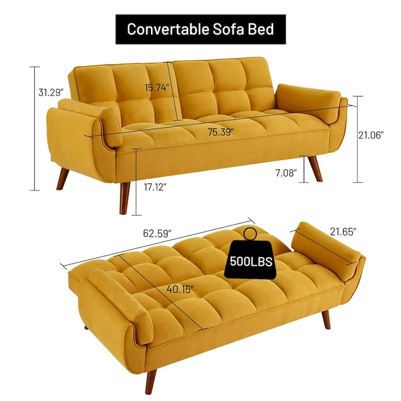 Samt-Futonbettsofa mit verstellbarer Rückenlehne, umwandelbares Futon-Loveseat mit konischen Holzbeinen für Wohnzimmer und Schlafzimmer