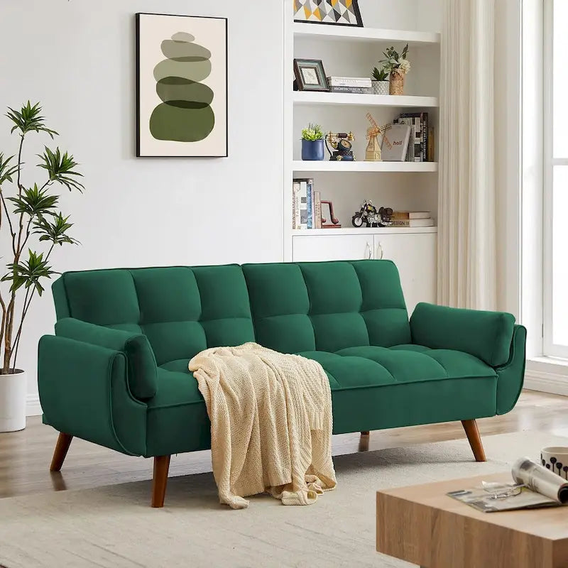 Samt-Futonbettsofa mit verstellbarer Rückenlehne, umwandelbares Futon-Loveseat mit konischen Holzbeinen für Wohnzimmer und Schlafzimmer