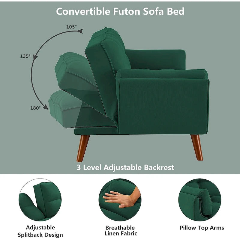 Samt-Futonbettsofa mit verstellbarer Rückenlehne, umwandelbares Futon-Loveseat mit konischen Holzbeinen für Wohnzimmer und Schlafzimmer