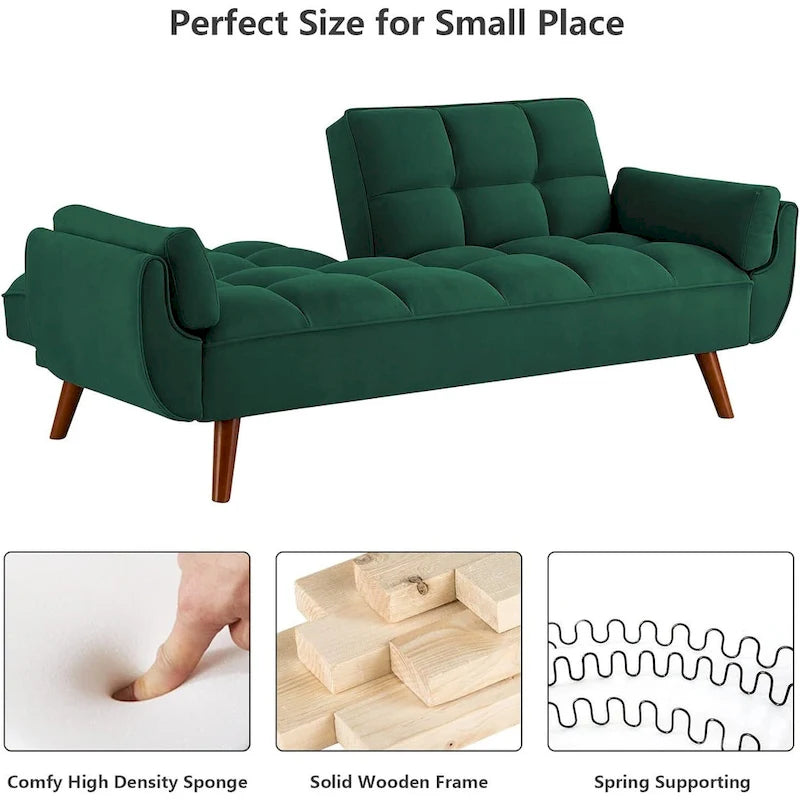 Samt-Futonbettsofa mit verstellbarer Rückenlehne, umwandelbares Futon-Loveseat mit konischen Holzbeinen für Wohnzimmer und Schlafzimmer