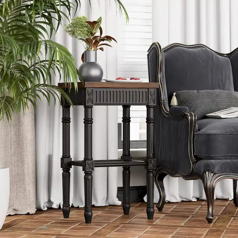French Country Distressed Side Table with Tray Top and Wicker Shelf