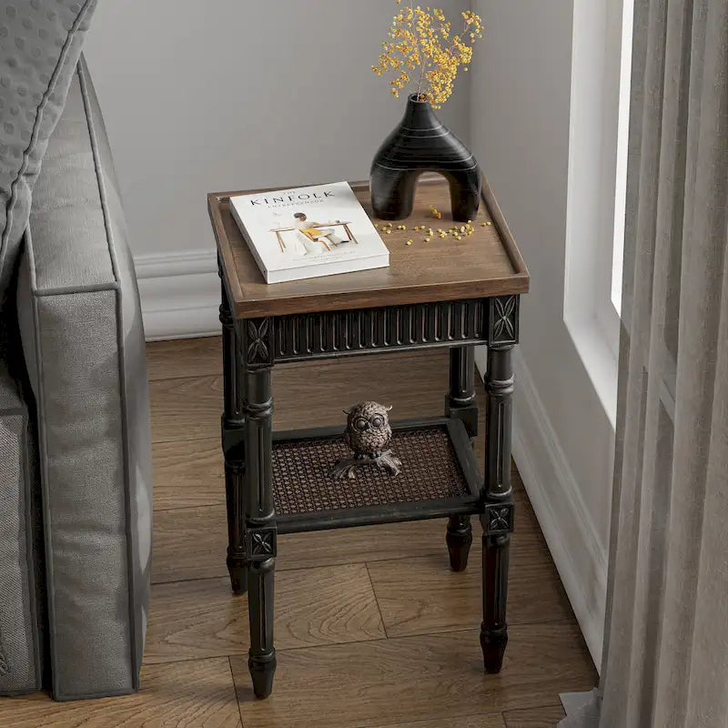 French Country Distressed Side Table with Tray Top and Wicker Shelf