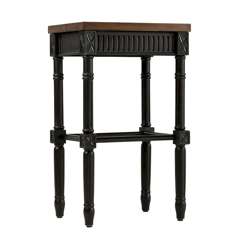 French Country Distressed Side Table with Tray Top and Wicker Shelf