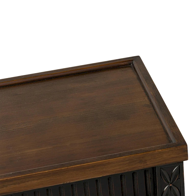 French Country Distressed Side Table with Tray Top and Wicker Shelf