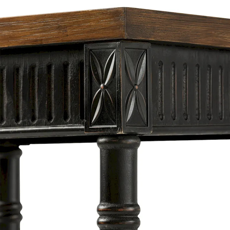 French Country Distressed Side Table with Tray Top and Wicker Shelf