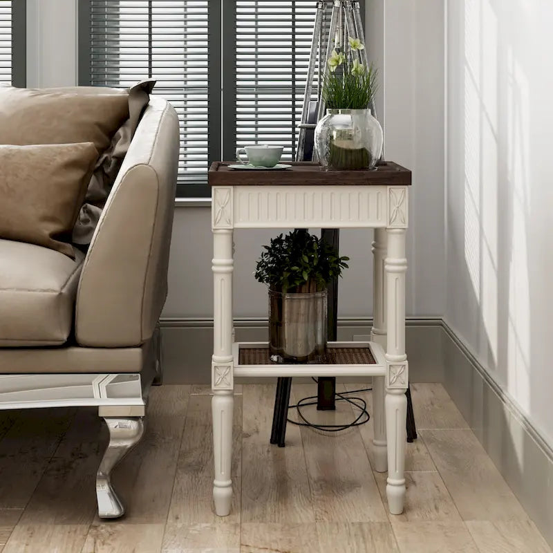 French Country Distressed Side Table with Tray Top and Wicker Shelf