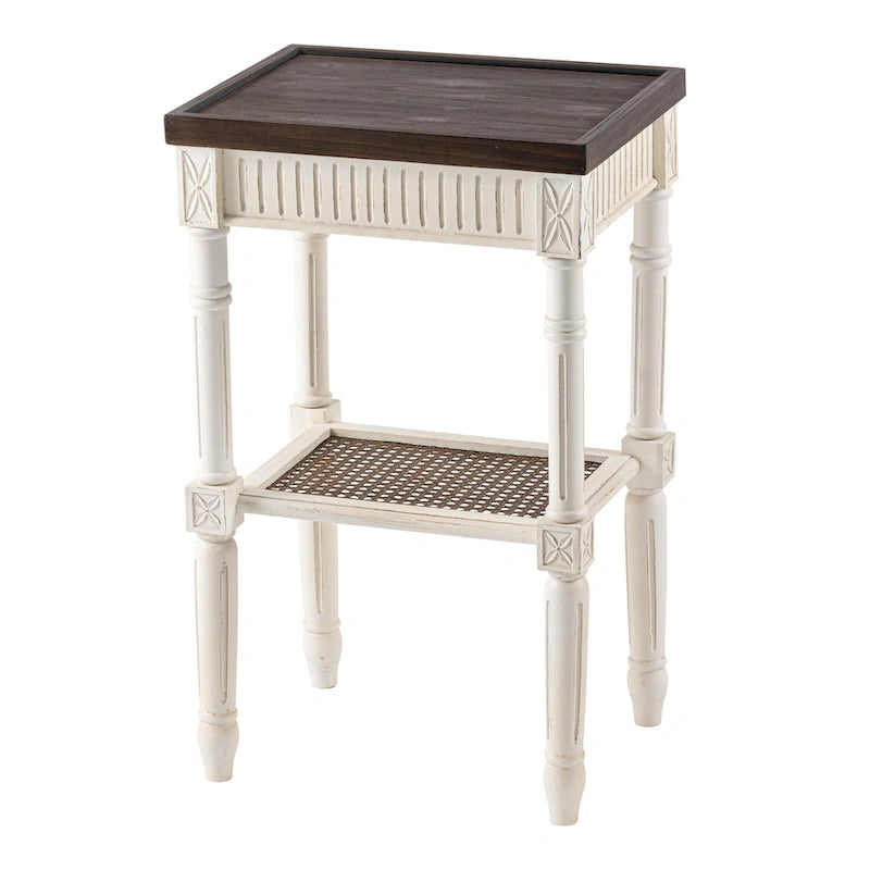 French Country Distressed Side Table with Tray Top and Wicker Shelf