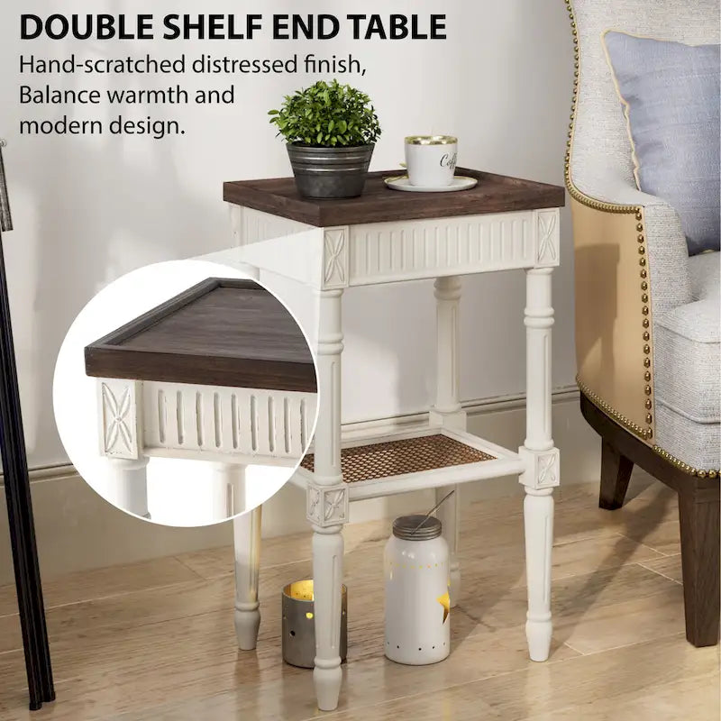 French Country Distressed Side Table with Tray Top and Wicker Shelf