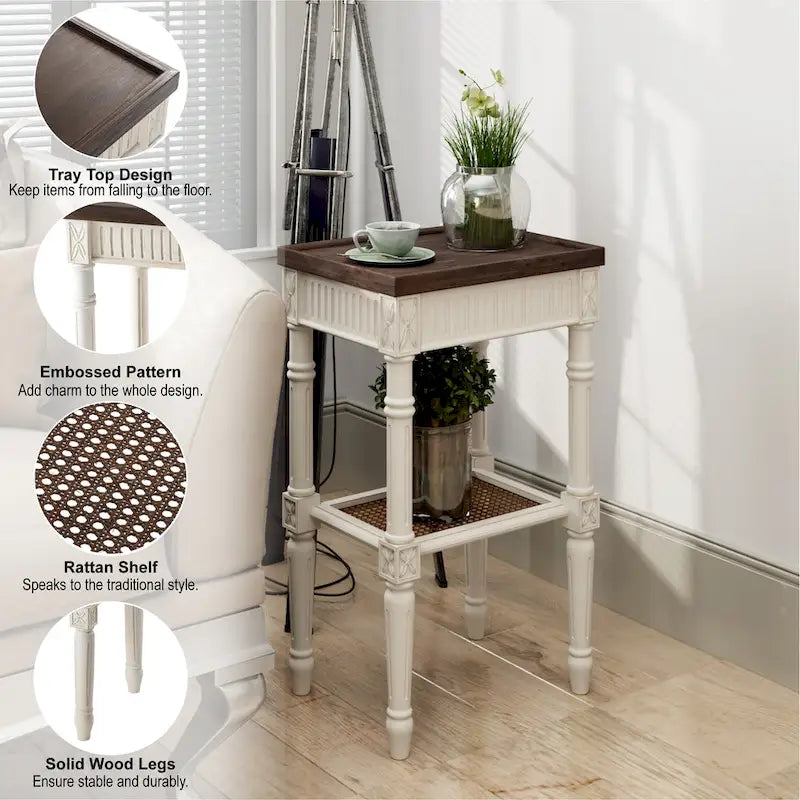 French Country Distressed Side Table with Tray Top and Wicker Shelf