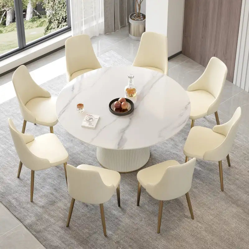 59 Round Dining Table for 8, White Sintered Stone Tabletop with Lazy Susan - N/A
