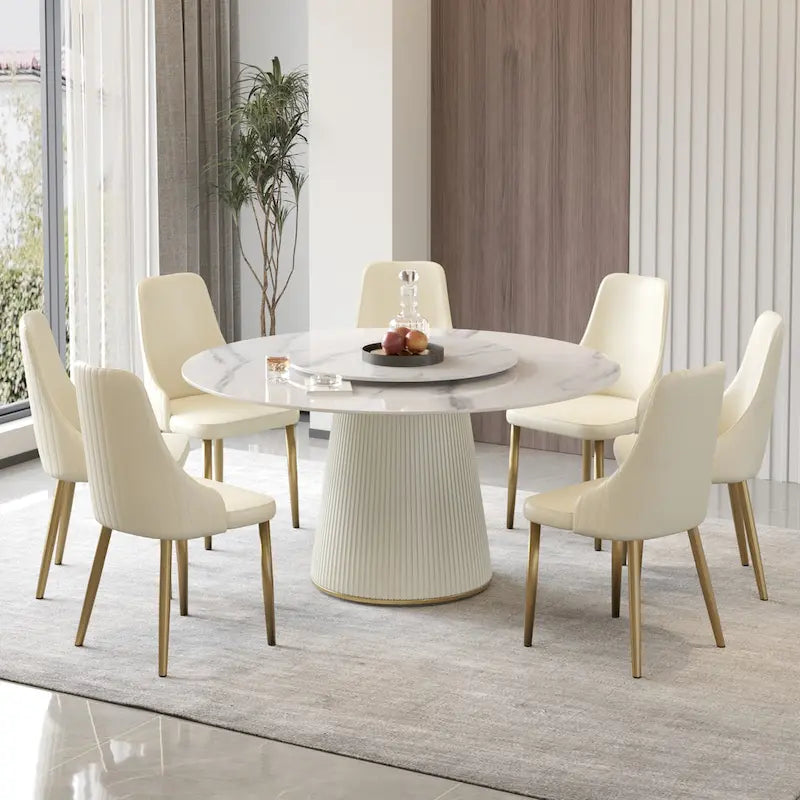 59 Round Dining Table for 8, White Sintered Stone Tabletop with Lazy Susan - N/A