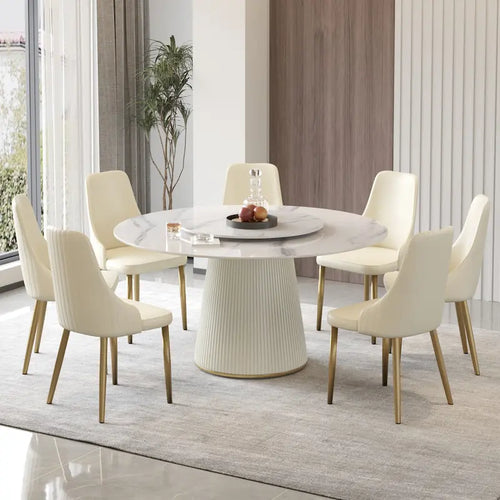 Tavolo da pranzo rotondo da 59 per 8 persone, piano in pietra sinterizzata bianca con Lazy Susan - N/A