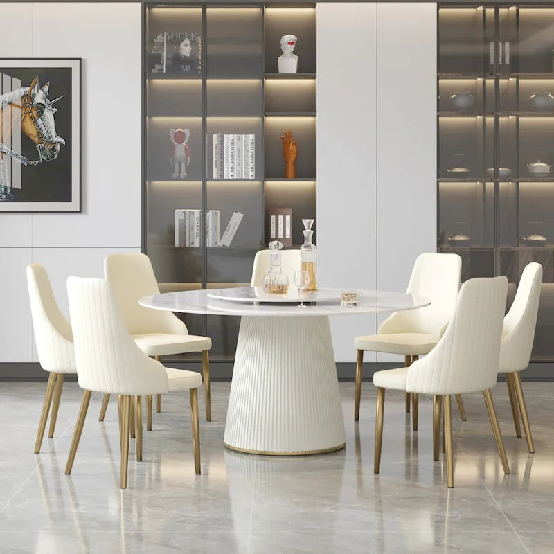 59 Round Dining Table for 8, White Sintered Stone Tabletop with Lazy Susan - N/A