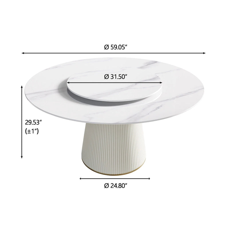 59 Round Dining Table for 8, White Sintered Stone Tabletop with Lazy Susan - N/A