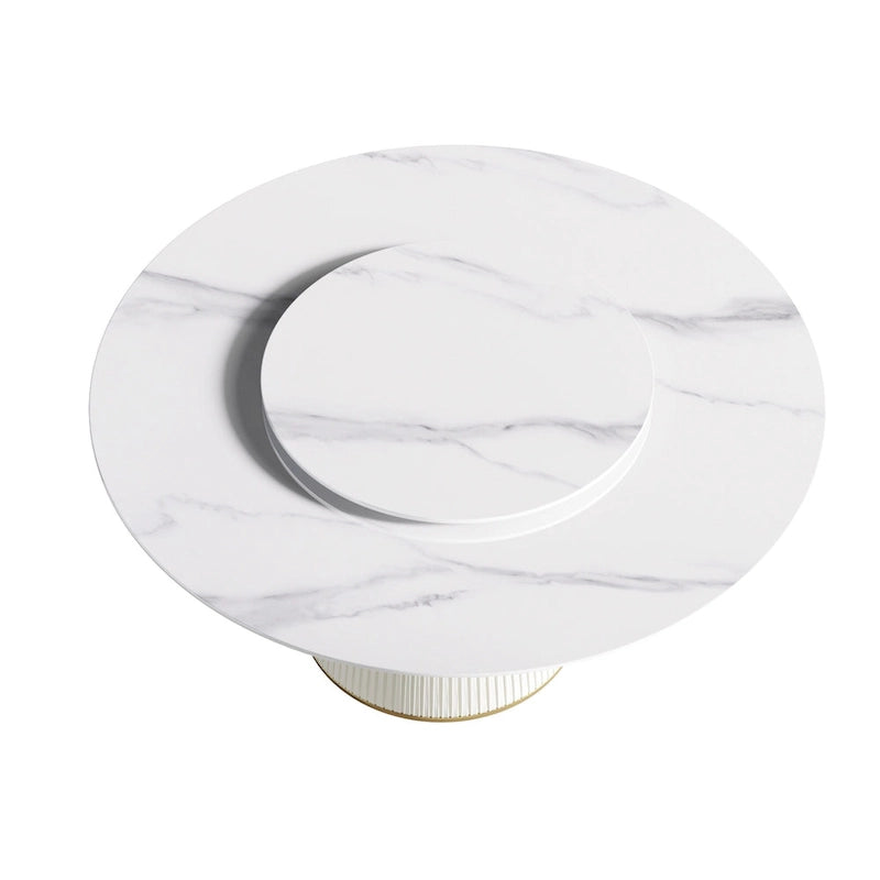 59 Round Dining Table for 8, White Sintered Stone Tabletop with Lazy Susan - N/A