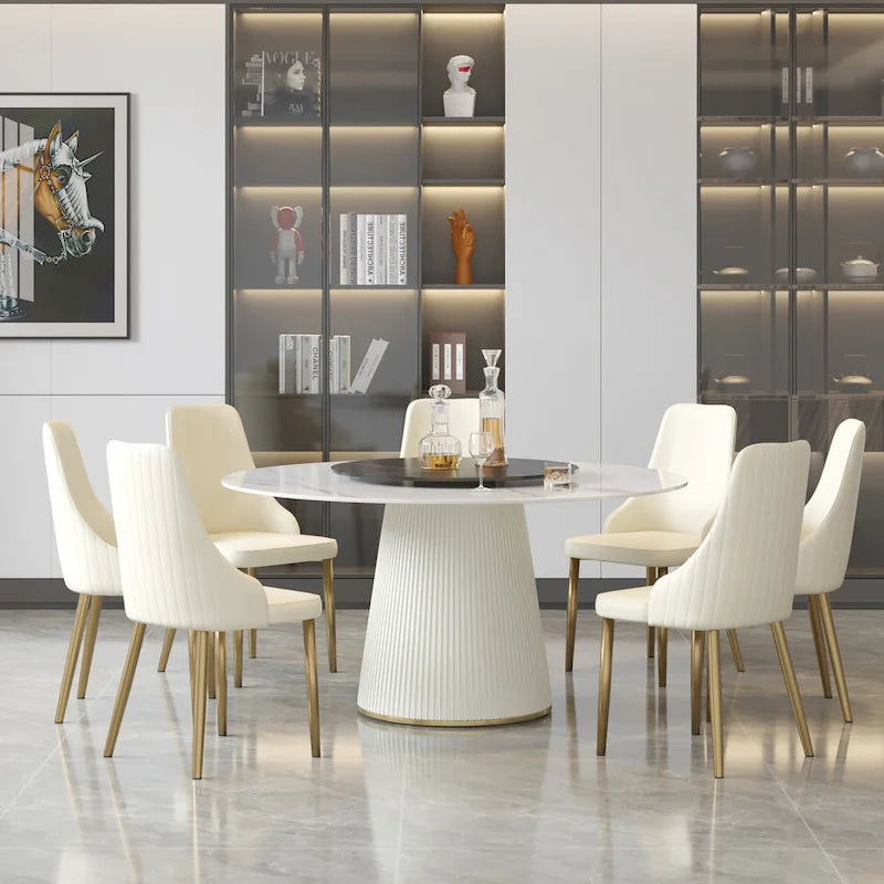 59 Round Dining Table for 8, White Sintered Stone Tabletop with Lazy Susan - N/A