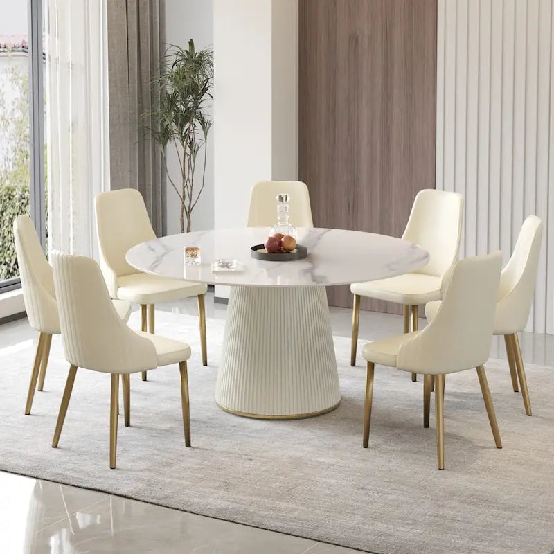 59 Round Dining Table for 8, White Sintered Stone Tabletop with Lazy Susan - N/A