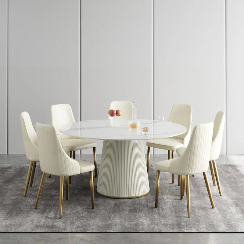 59 Round Dining Table for 8, White Sintered Stone Tabletop with Lazy Susan - N/A