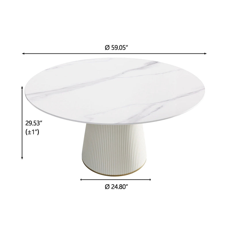 59 Round Dining Table for 8, White Sintered Stone Tabletop with Lazy Susan - N/A