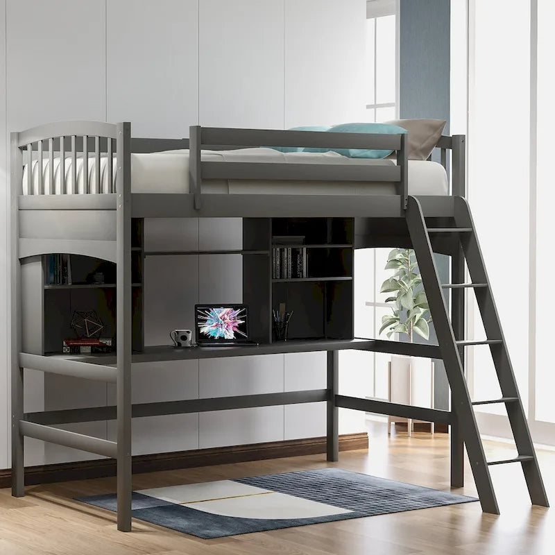 Nestfair Twin Size Loft Bed with Storage Shelves Desk and Ladder