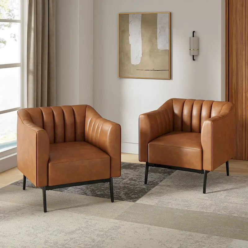 Industrial Faux Leather Accent Chairs with Channel Tufting (Set of 2)