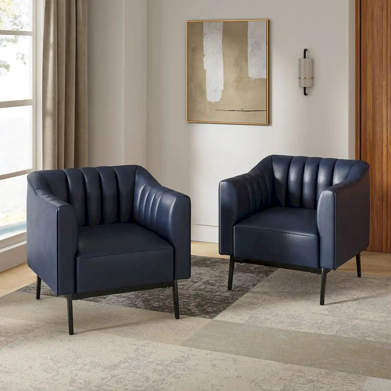 Industrial Faux Leather Accent Chairs with Channel Tufting (Set of 2)
