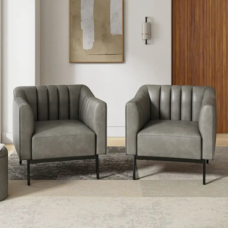 Industrial Faux Leather Accent Chairs with Channel Tufting (Set of 2)