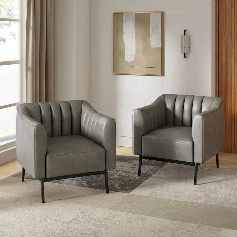Industrial Faux Leather Accent Chairs with Channel Tufting (Set of 2)