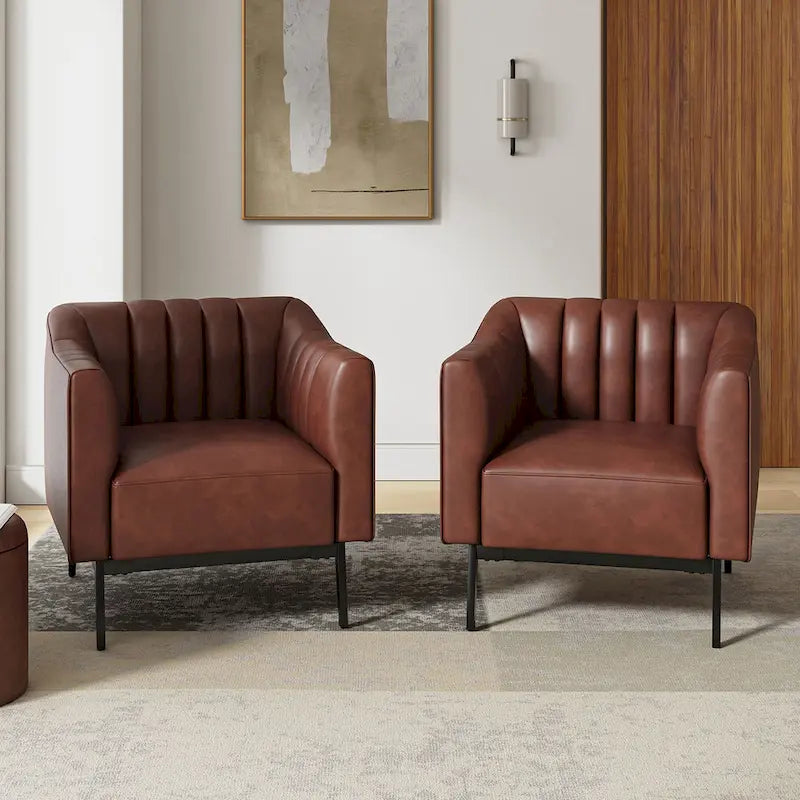 Industrial Faux Leather Accent Chairs with Channel Tufting (Set of 2)