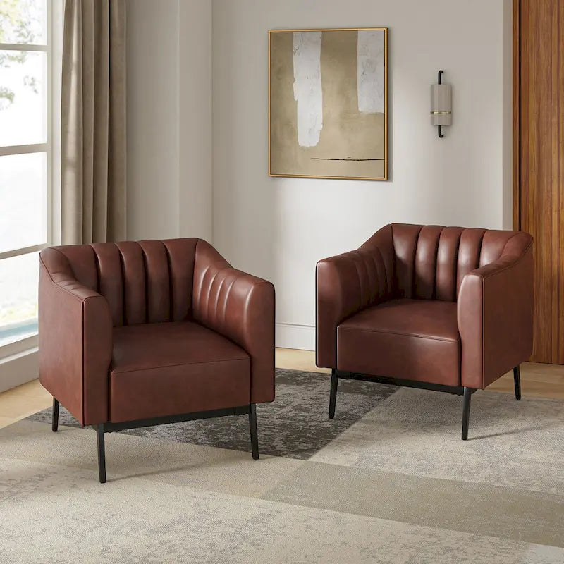 Industrial Faux Leather Accent Chairs with Channel Tufting (Set of 2)