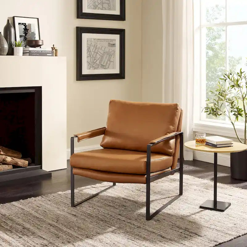 Moderne fauteuil in imitatieleer uit het midden van de vorige eeuw met stalen frame
