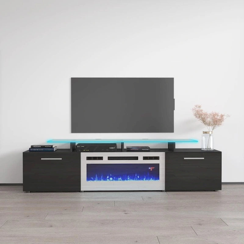 Mobile TV moderno da 75 pollici con camino elettrico e luci LED