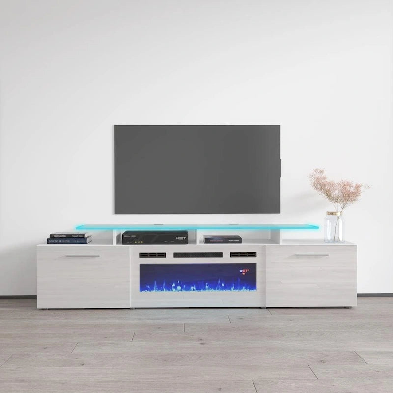 Mobile TV moderno da 75 pollici con camino elettrico e luci LED