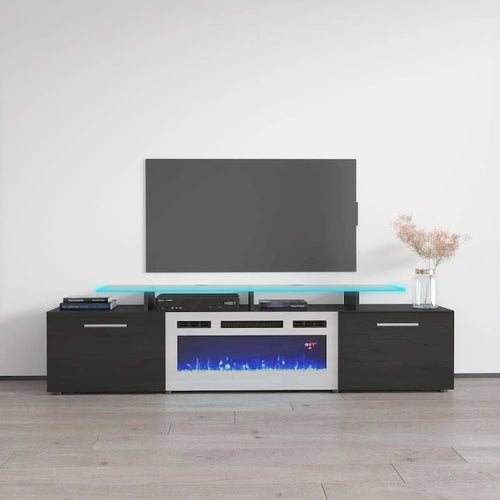 Mobile TV moderno da 75 pollici con camino elettrico e luci LED