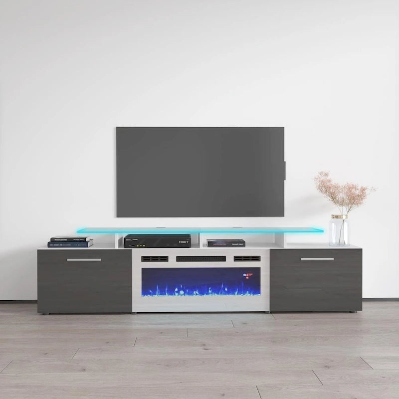Mobile TV moderno da 75 pollici con camino elettrico e luci LED