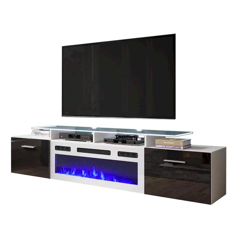 75-Inch Modern TV Stand with Electric Fireplace and LED Lights