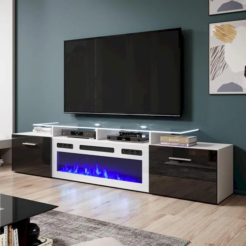 Mobile TV moderno da 75 pollici con camino elettrico e luci LED