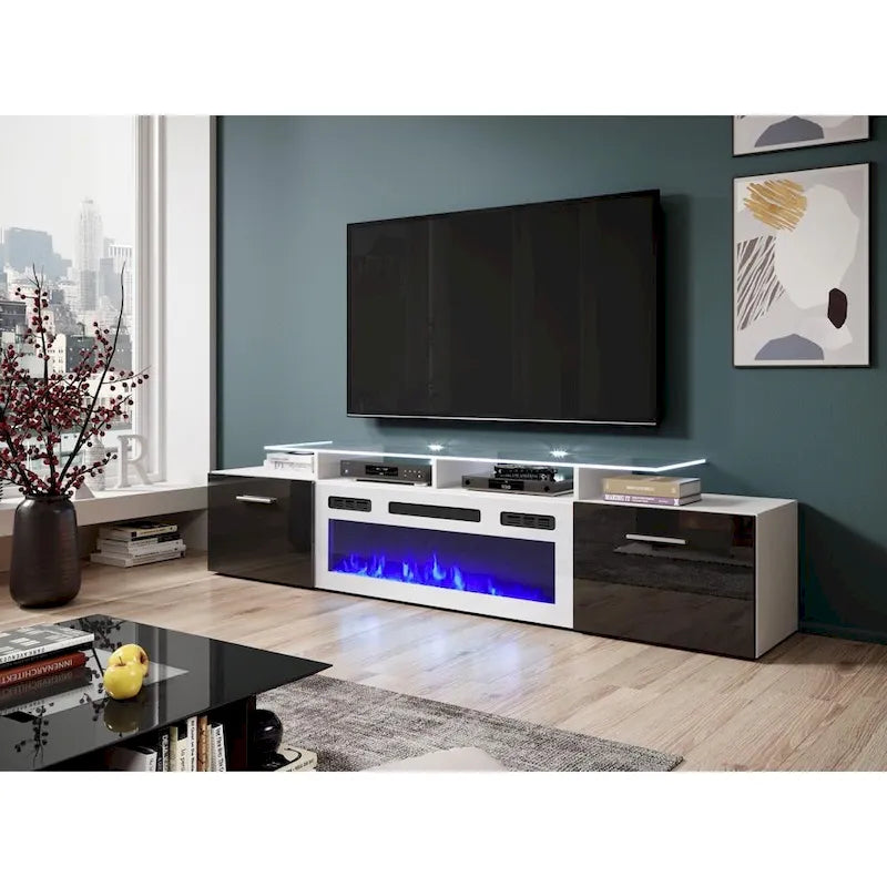 75-Inch Modern TV Stand with Electric Fireplace and LED Lights