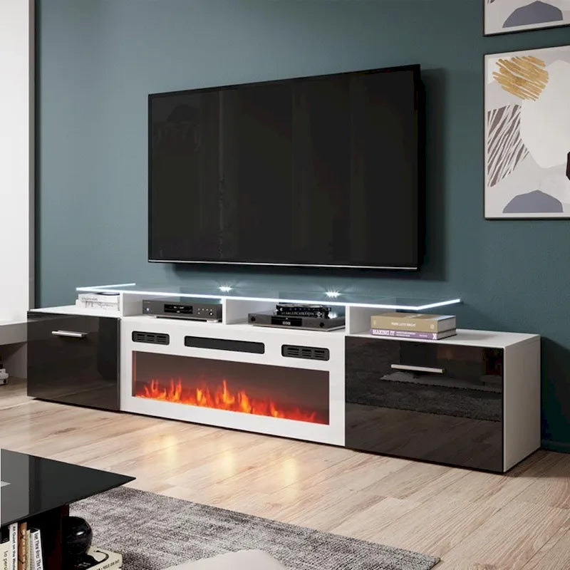 75-Inch Modern TV Stand with Electric Fireplace and LED Lights